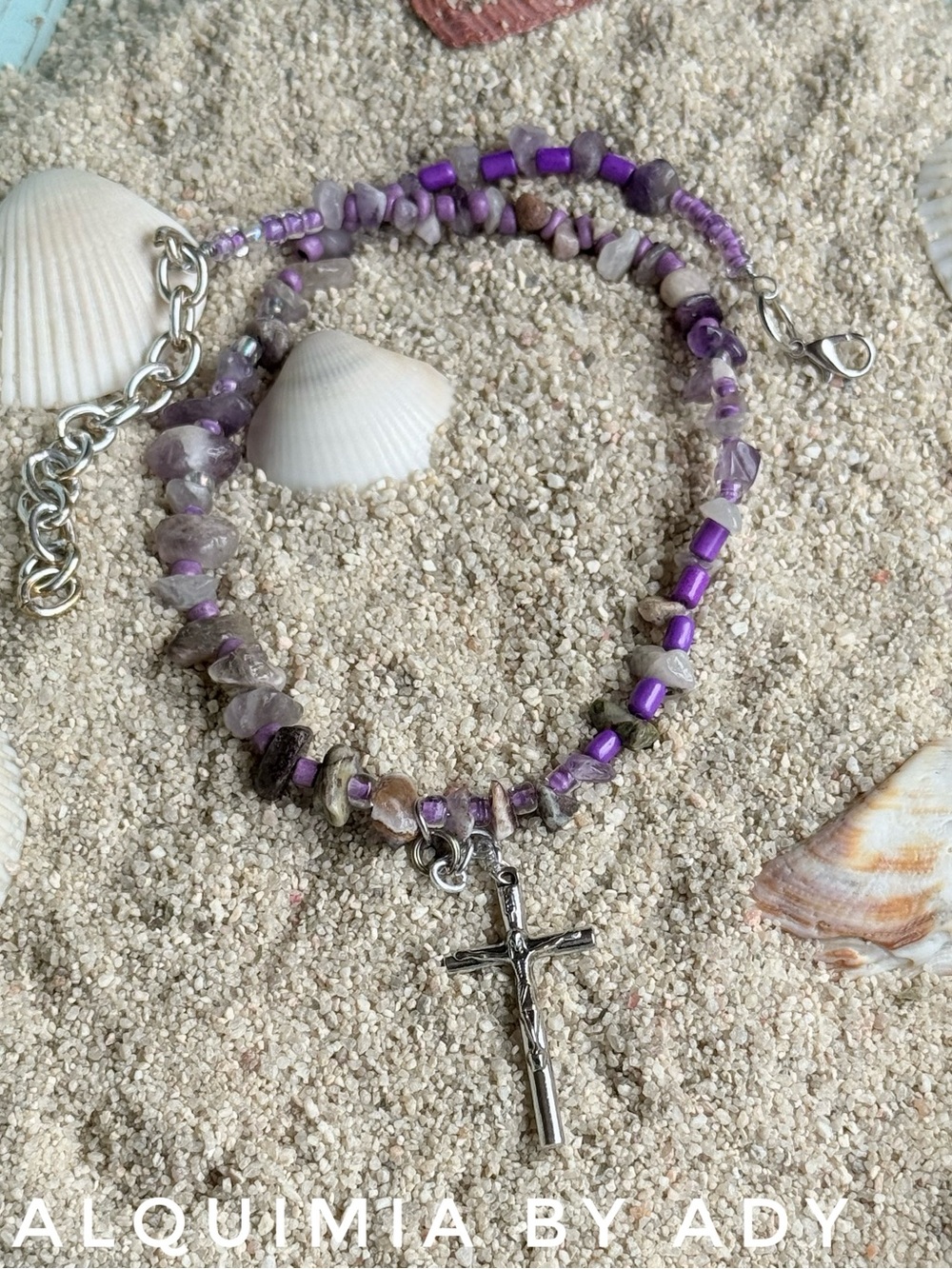 Amethyst Purple Beaded Necklace with Silver Crucifix